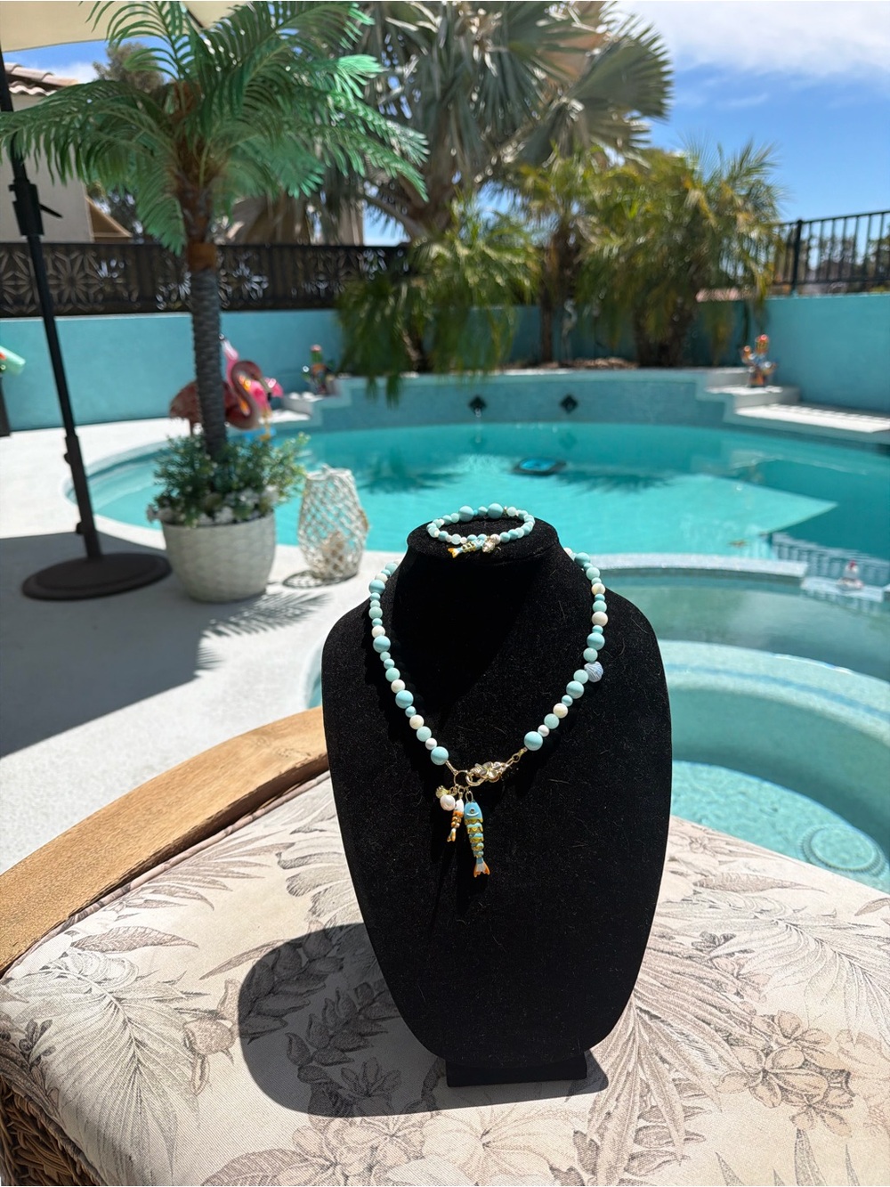 Aqua Beaded Charm Necklace and Bracelet Set - Turquoise and Gold